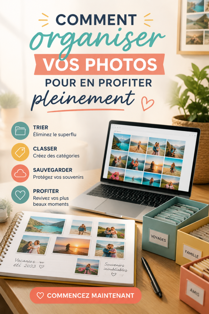 Une personne triant des photos sur un bureau, organisant ses souvenirs