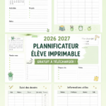 Planificateur étudiant 2026-2027 à imprimer avec sections pour les cours et les devoirs.