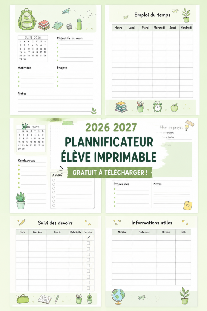 Planificateur étudiant 2026-2027 à imprimer avec sections pour les cours et les devoirs.