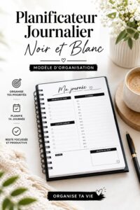 Planificateur journalier noir et blanc avec des sections pour tâches et notes