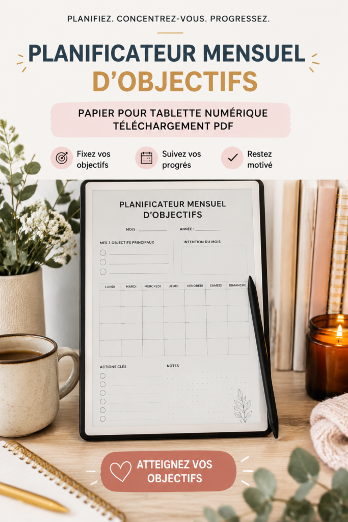 Un étudiant utilise un planner d'objectifs mensuels PDF pour mieux organiser son temps