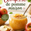 Un pot de compote de pommes maison sur une table en bois.