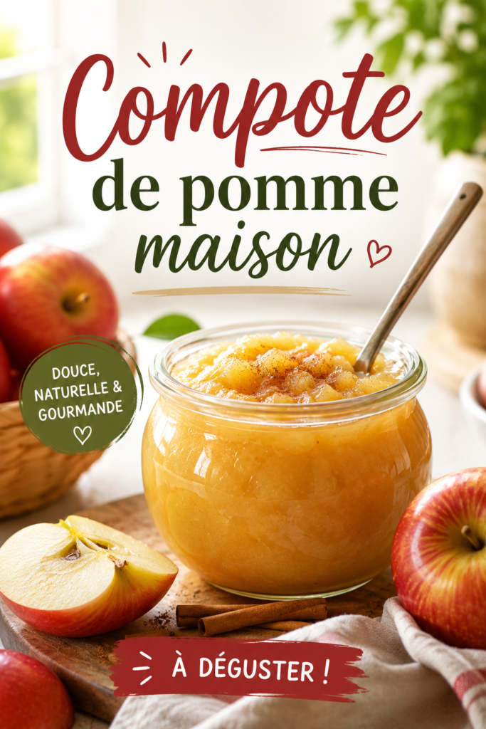 Un pot de compote de pommes maison sur une table en bois.