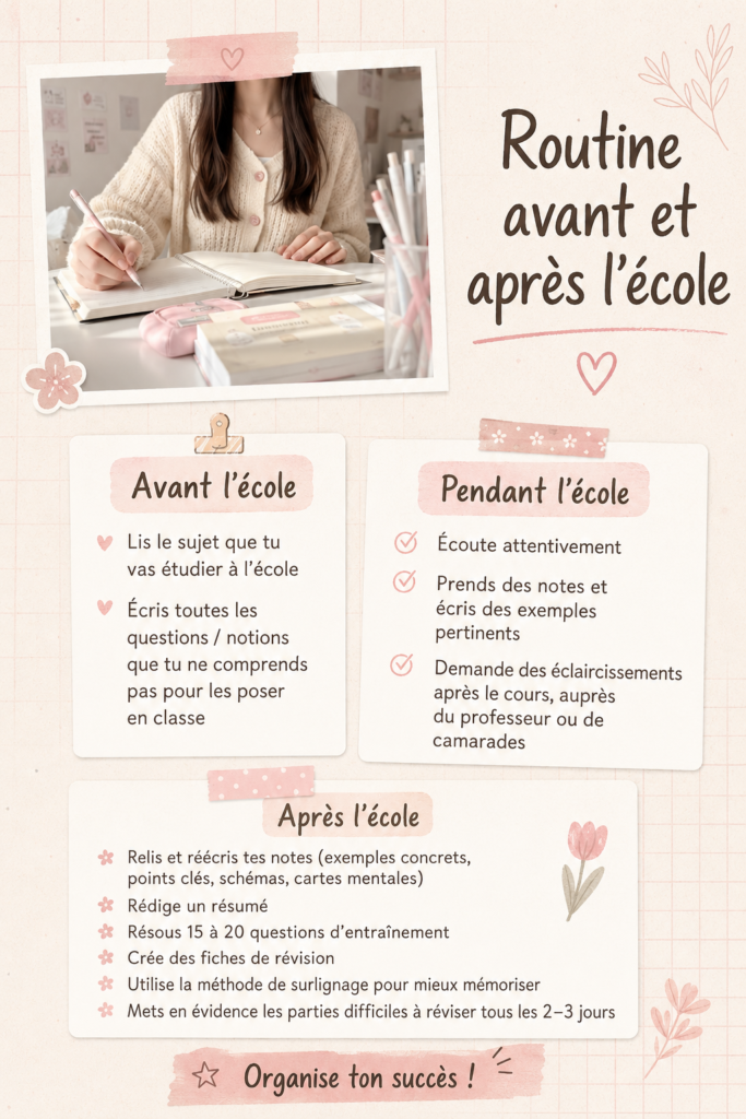 Étudiant suivant une routine organisée avant l'école avec un planning