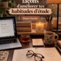 Étudiante concentrée sur ses études avec des livres et un ordinateur portables.