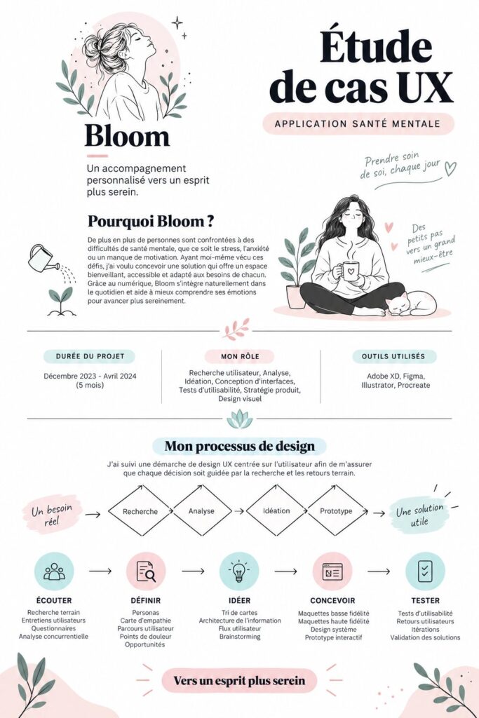 Capture d'écran de l'application Bloom montrant des outils de gestion de la santé mentale pour étudiants.