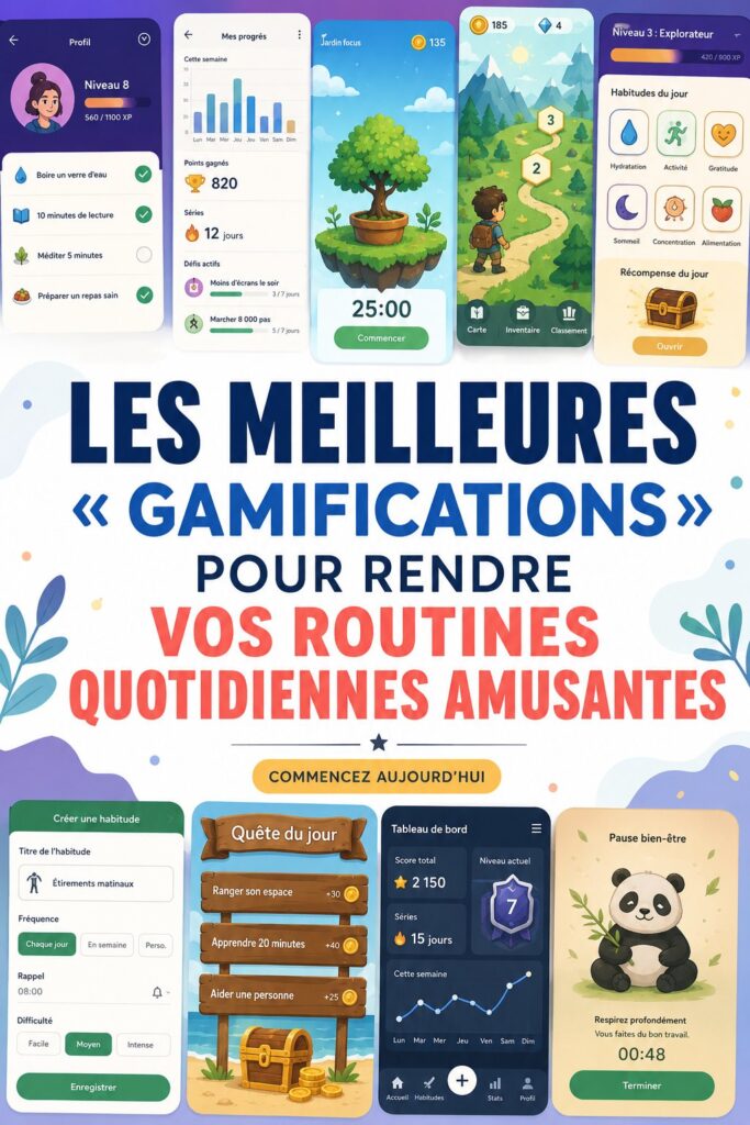 Screenshot d'une application de gamification sur un smartphone montrant des éléments de jeux pour la routine quotidienne.