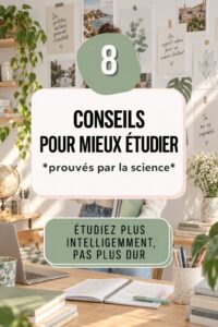 Étudiante consultant des notes avec des astuce d'étude efficaces sur un bureau organisé.
