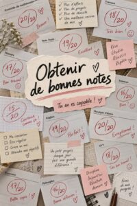 Étudiante souriante avec des livres et des notes sur son bureau, symbolisant la réussite académique.