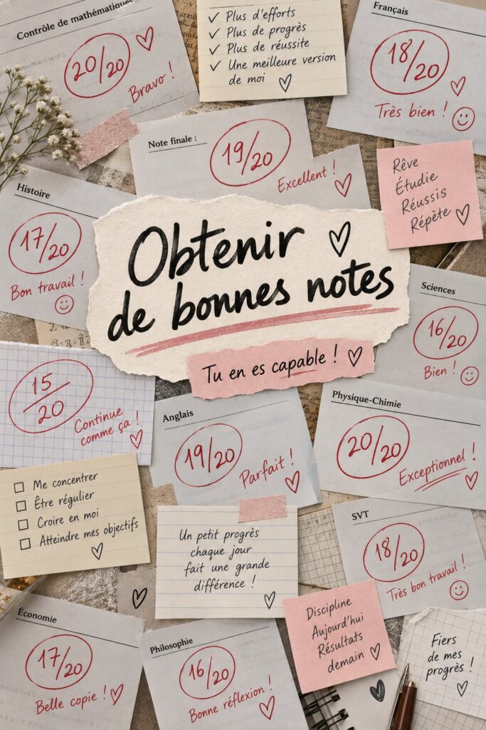 Étudiante souriante avec des livres et des notes sur son bureau, symbolisant la réussite académique.