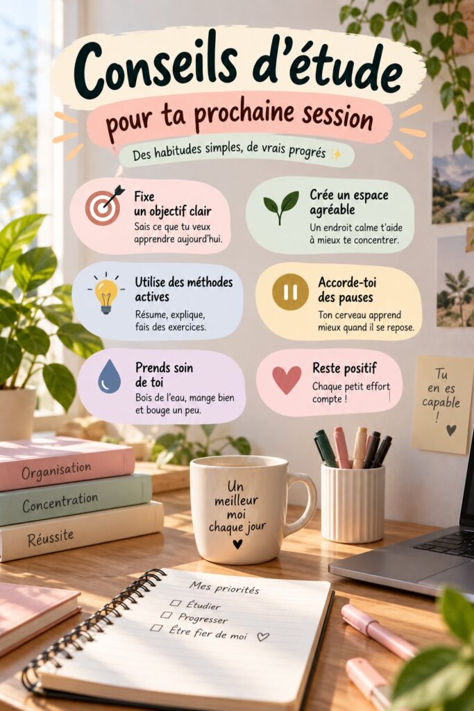 Image illustrant des astuces d'étude avec des livres et un ordinateur sur un bureau
