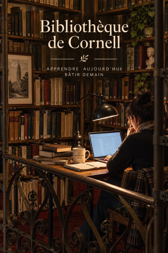 Vue de l'extérieur de la bibliothèque de l'université de Cornell, un bâtiment emblématique pour les étudiants.