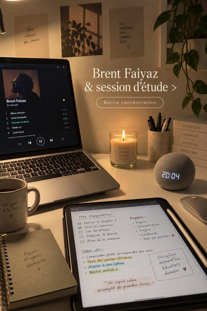 Un étudiant écoute la musique de Brent Faiyaz pendant ses révisions.