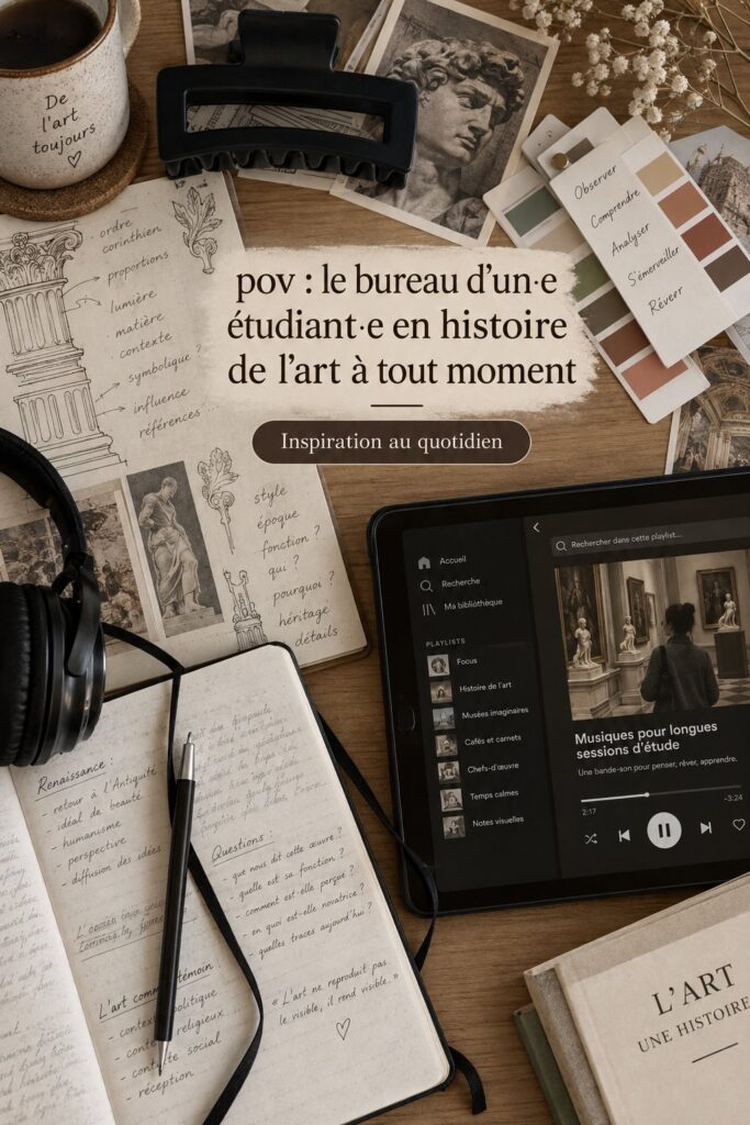 Bureau d'étudiant en histoire de l'art avec livres et fournitures