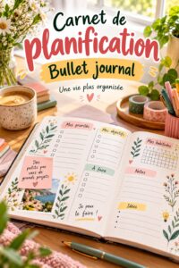 Un carnet de bullet journal ouvert sur une table avec des stylos colorés, représentant l'organisation et la planification