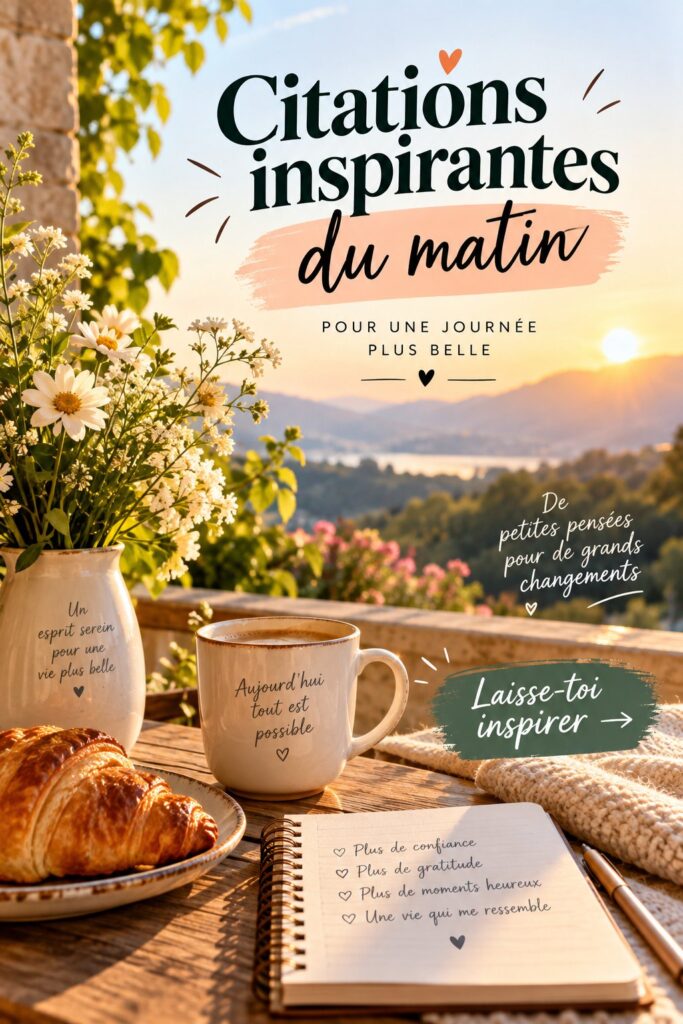 Une tasse de café sur une table avec des citations inspirantes à l'arrière-plan, représentant la motivation matinale des étudiants.