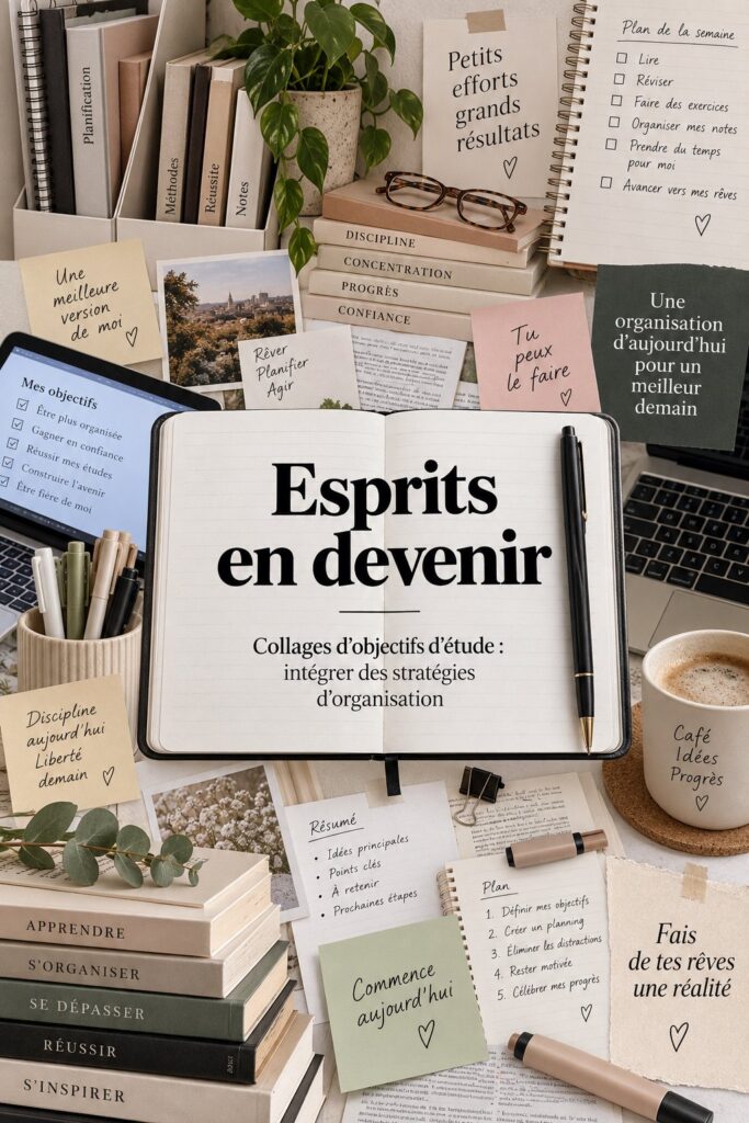 Un élégant collage d'objectifs d'étude illustrant des stratégies d'organisation