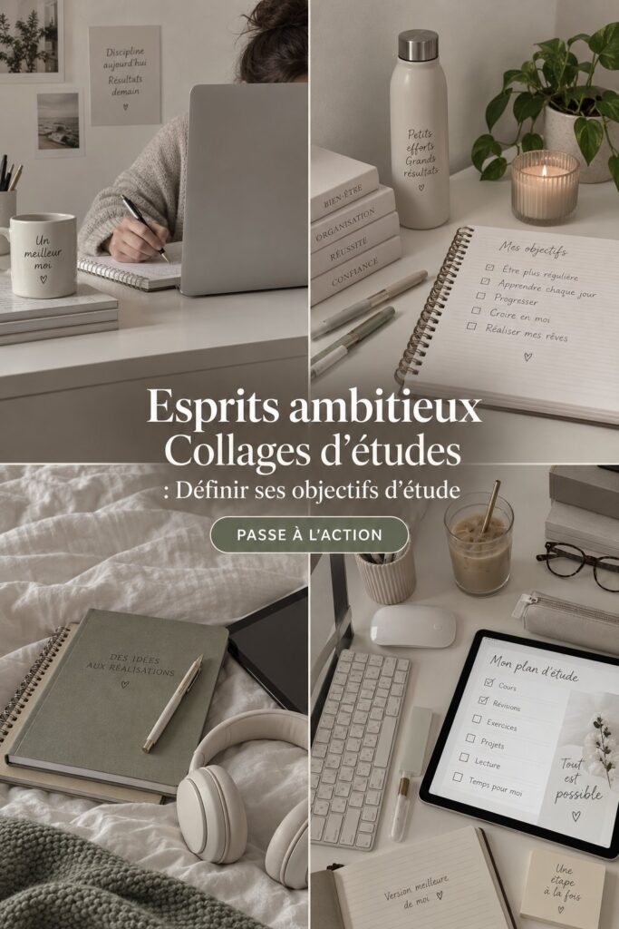 Un collage d'objectifs d'études coloré et inspirant sur un mur d'étudiant.