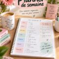 Un planner de semaine ouvert sur un bureau avec des fournitures scolaires.
