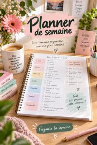 Un planner de semaine ouvert sur un bureau avec des fournitures scolaires.