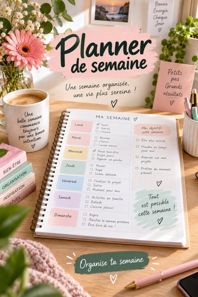 Un planner de semaine ouvert sur un bureau avec des fournitures scolaires.