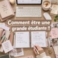 Une étudiante concentrée à son bureau, en train de prendre des notes dans un carnet.