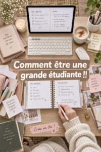 Une étudiante concentrée à son bureau, en train de prendre des notes dans un carnet.