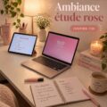 Un bureau d'étude rose avec des accessoires inspirants