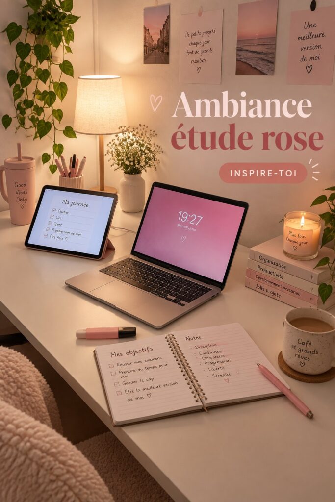 Un bureau d'étude rose avec des accessoires inspirants
