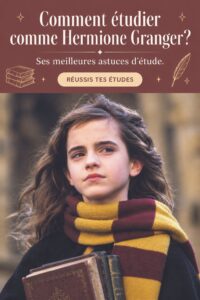 Une étudiante inspirée par Hermione Granger, entourée de livres et de fournitures scolaires.