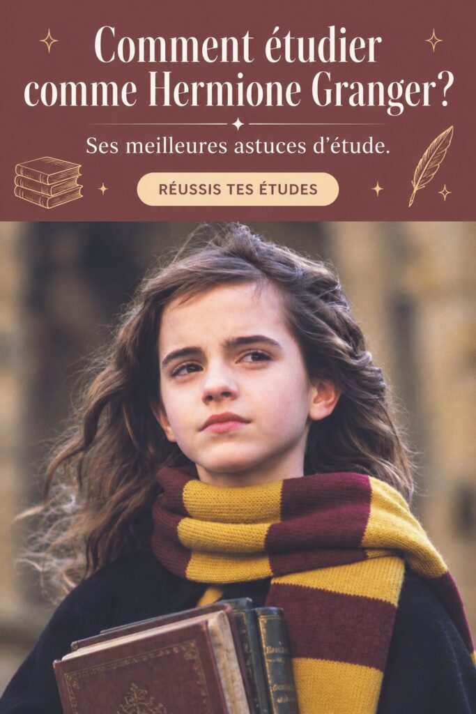 Une étudiante inspirée par Hermione Granger, entourée de livres et de fournitures scolaires.