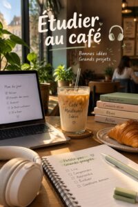 Étudiant concentré avec des livres et un café dans un environnement de café.