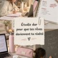 Étudiante travaillant dans un environnement d'étude lumineux et organisé.