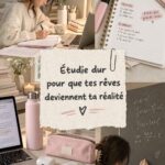 Étudiante travaillant dans un environnement d'étude lumineux et organisé.