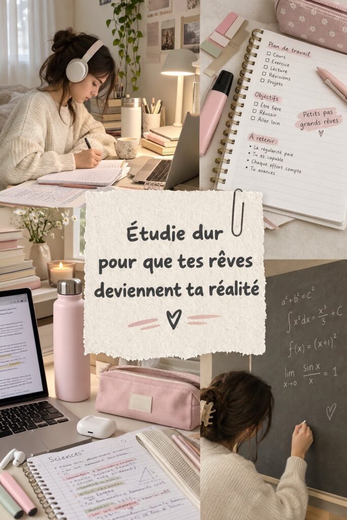 Étudiante travaillant dans un environnement d'étude lumineux et organisé.