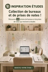 Un bureau d'étudiant organisé avec du matériel scolaire, une plante verte et une lumière naturelle