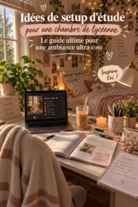 Chambre d'étude bien aménagée avec un bureau et des éléments cozy.