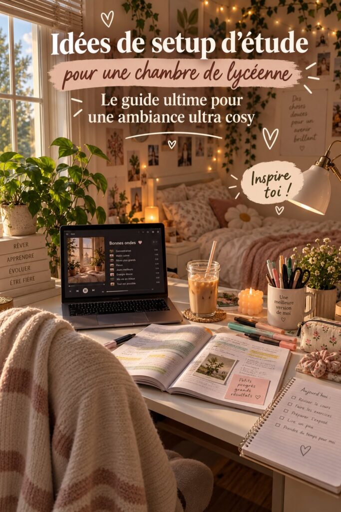 Chambre d'étude bien aménagée avec un bureau et des éléments cozy.