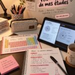 Étudiante concentrée en train d'étudier avec des notes et un ordinateur portable.