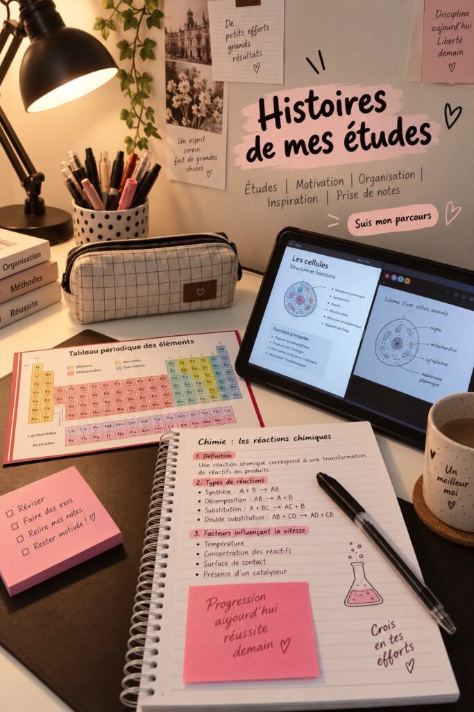 Étudiante concentrée en train d'étudier avec des notes et un ordinateur portable.