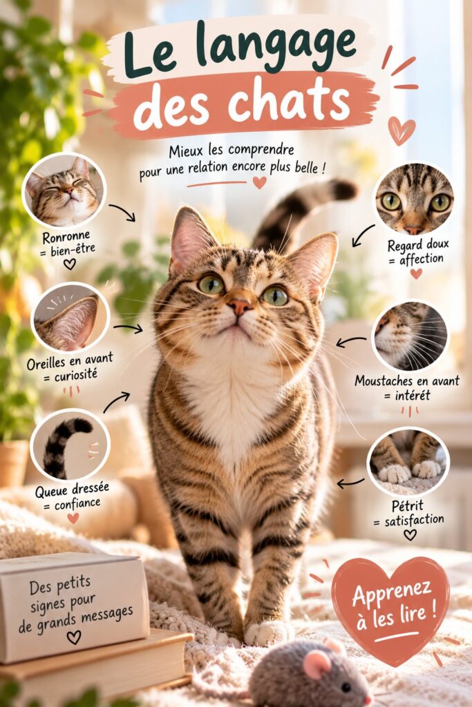 Un chat assis près d'un livre ouvert, observant attentivement, illustrant le langage félin.