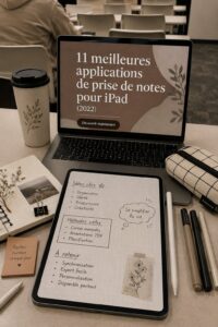 Écran d'un iPad montrant une application de prise de notes animée.