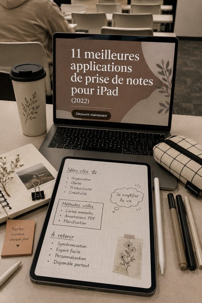 Écran d'un iPad montrant une application de prise de notes animée.