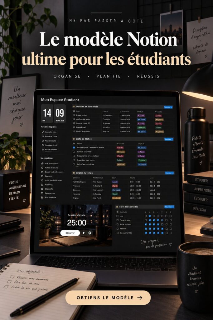 Capture d'écran d'un modèle Notion pour étudiants, avec un design organisé et coloré.