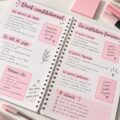 Un ensemble de prises de notes en rose avec des designs créatifs pour étudiants, montrant l'organisation et la couleur.