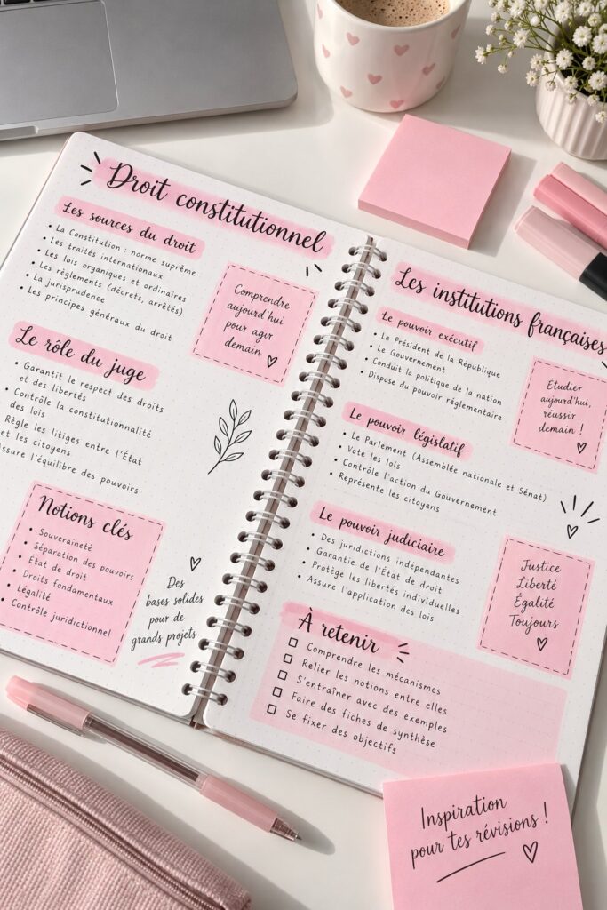 Un ensemble de prises de notes en rose avec des designs créatifs pour étudiants, montrant l'organisation et la couleur.