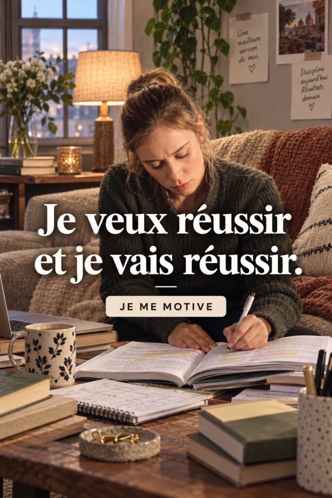 Un étudiant souriant travaillant à son bureau, déterminé à réussir ses études.