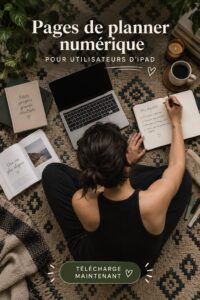 Un planificateur numérique ouvert sur un iPad avec des pages colorées.