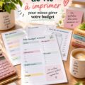 Illustration d'un planificateur de budget imprimable avec des sections pour les dépenses et les revenus.