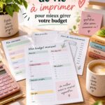 Illustration d'un planificateur de budget imprimable avec des sections pour les dépenses et les revenus.